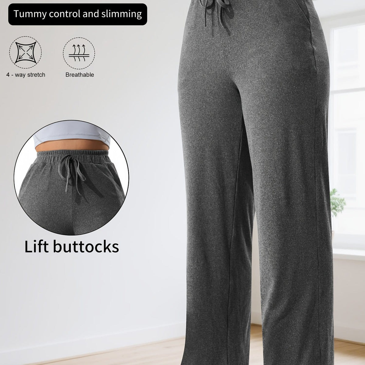 jkthpu-45 Dark Gray / UK 18 Plus Size High Stretch Wide Leg Palazzo Trousers – Lace-Up Waist