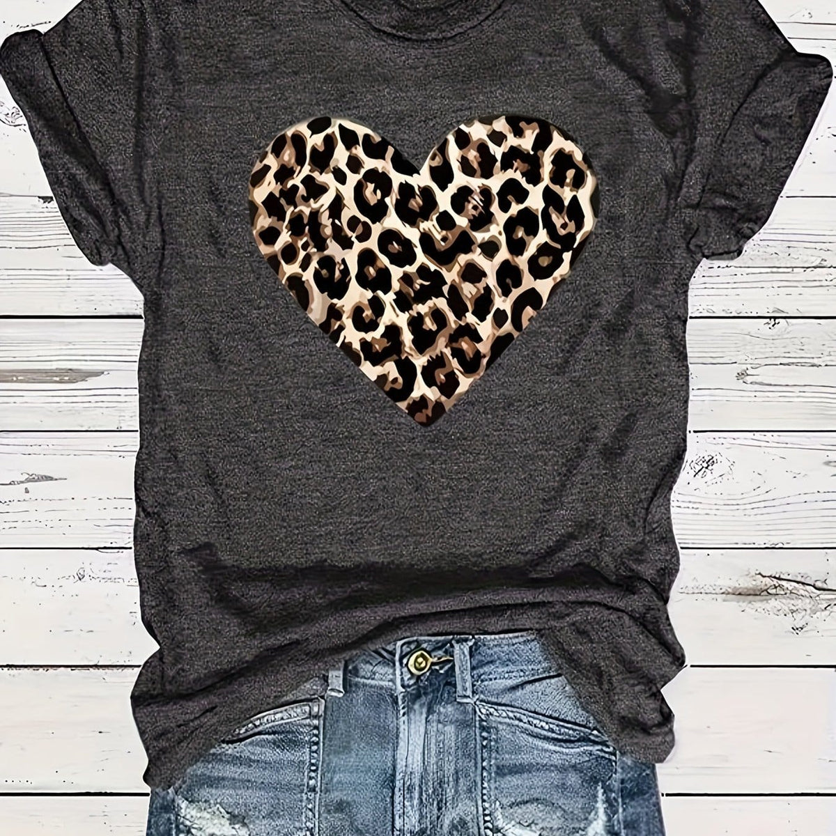 KissICON Dark Gray / UK 18 Plus Size Leopard Heart Print T-shirt - Vibrant Short Sleeve Crew Neck Casual Top for Summer & Spring - Soft, Breathable, Relaxed Fit Women's Plus Size Clothing for Everyday Wear