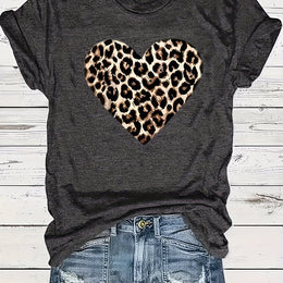 KissICON Dark Gray / UK 18 Plus Size Leopard Heart Print T-shirt - Vibrant Short Sleeve Crew Neck Casual Top for Summer & Spring - Soft, Breathable, Relaxed Fit Women's Plus Size Clothing for Everyday Wear