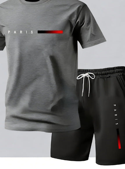 KissICON Dark Gray / UK 44 Paris Print Mens Summer TShirt  Shorts Set