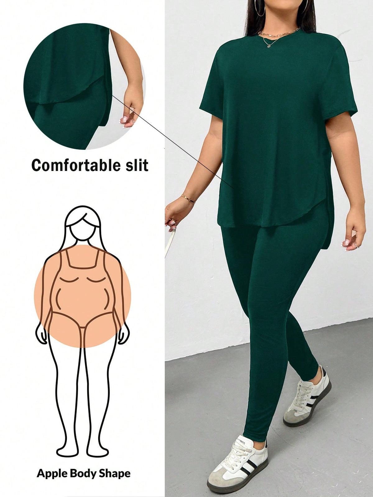 CURVE Dark Green / 0XL Casual Sports Short-Sleeved T-Shirt And Leggings Two Pieces Set
