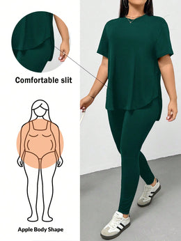 CURVE Dark Green / 0XL Casual Sports Short-Sleeved T-Shirt And Leggings Two Pieces Set