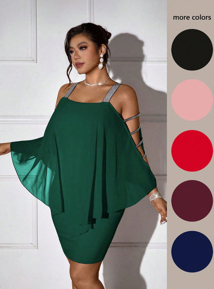 Femmeverse new Dark Green / 0XL Plus Size Women Silver Camisole Patchwork Chiffon Dress
