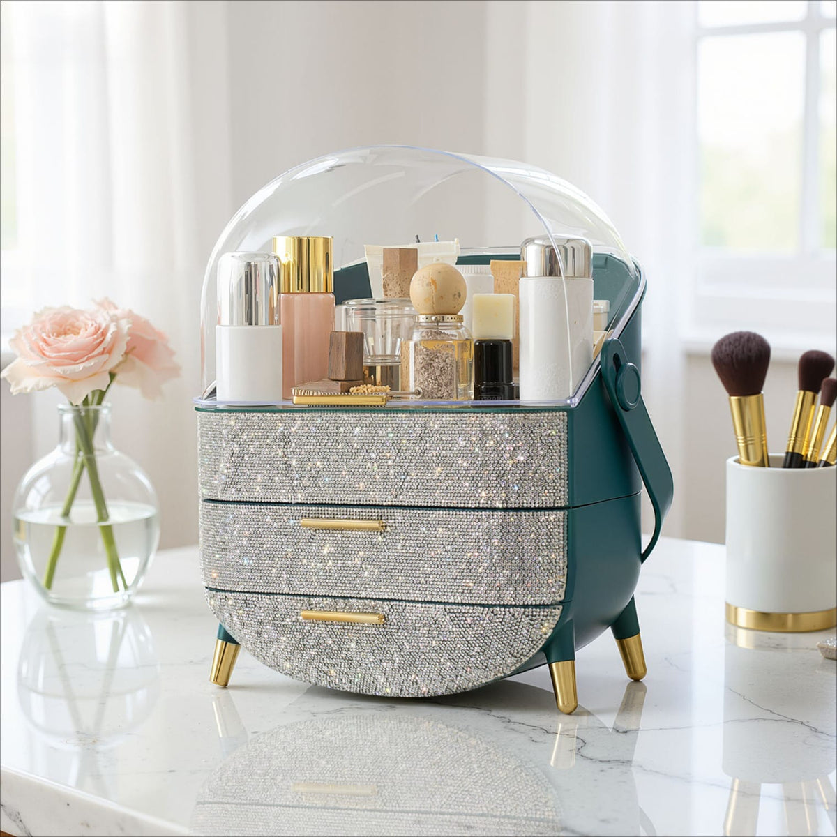 KissICON Dark Green / 24.5*17*37cm Diamond Makeup Organiser – Clear Lid Storage Box
