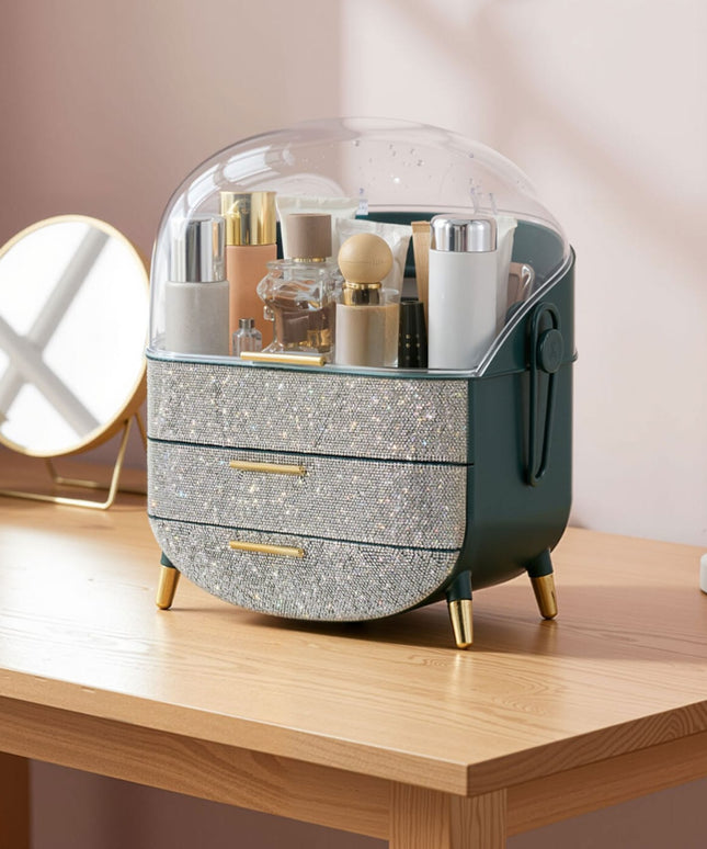 KissICON Dark Green / 24.5*17*37cm Diamond Makeup Organiser – Clear Lid Storage Box