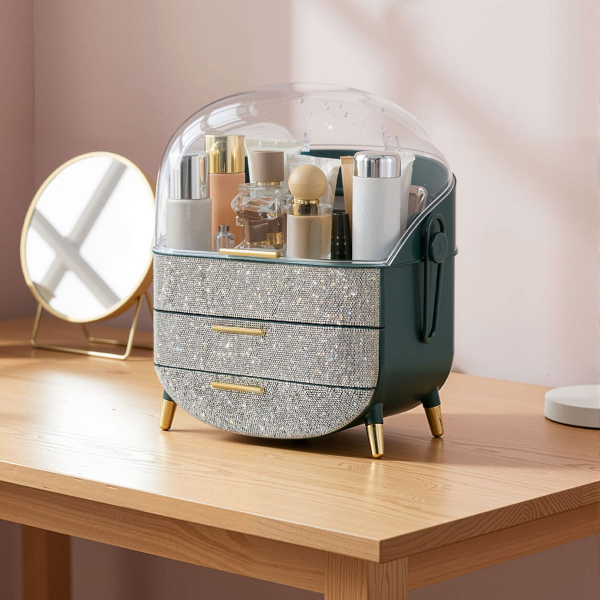 KissICON Dark Green / 24.5*17*37cm Diamond Makeup Organiser – Clear Lid Storage Box