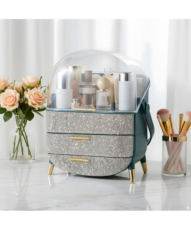 KissICON Dark Green / 24.5*17*37cm Diamond Makeup Organiser – Clear Lid Storage Box