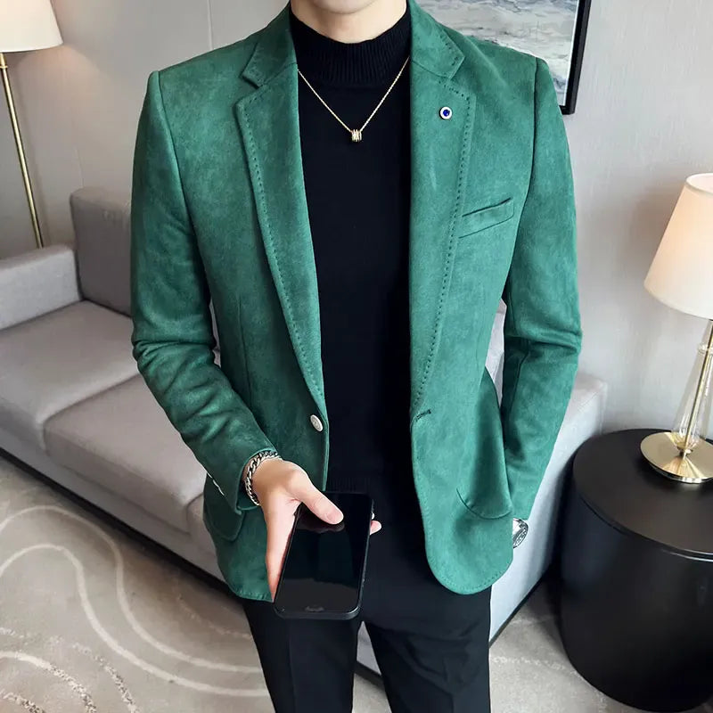 KissICON Dark green / M Stylish Korean Suede SlimFit Mens Business Casual Suit