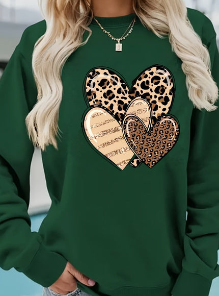 jkthpu-45 Dark Green / UK 16 Fashionable Round-Neck Sweatshirt with Leopard Print And Heart