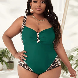KissICON Dark Green / UK 16 Leopard Print Stitching Solid Color Women's One-piece
