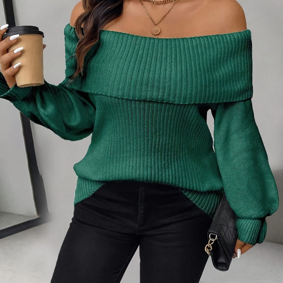 jkthpu-45 Dark Green / UK 16 Plus Size - Women'S Chic Off-Shoulder Sweater -