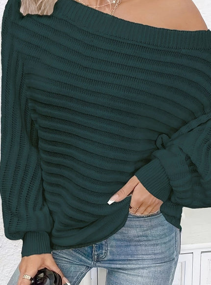 jkthpu-45 Dark Green / UK 18 Plus Size Off-Shoulder Knit Sweater – Solid Colour Multi-Option