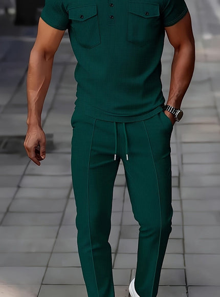 KissICON Dark Green / UK 38 Mens Waffle Knit Polo  Pants Summer Casual Set