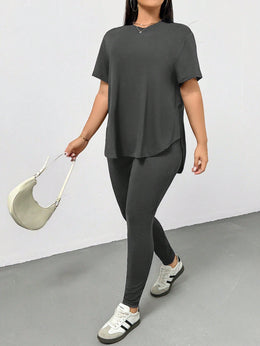 CURVE Dark Grey / 0XL Casual Sports Short-Sleeved T-Shirt And Leggings Two Pieces Set
