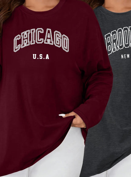KissICON Dark Grey+Burgundy / UK 18 2pcs Oversized Women's Long-Sleeve T-Shirts - Soft Casual Polyester Tees with "CHICAGO U.S.A." & "BROOKLYN NEW YORK" Prints, Relaxed Fit, 1XL-5XL, Perfect for Spring & Summer Wardrobe