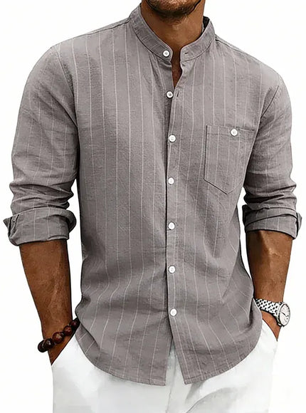 KissICON dark grey / S / China Mainland Striped Linen Stand Collar Loose Fashion Commuter Shirt