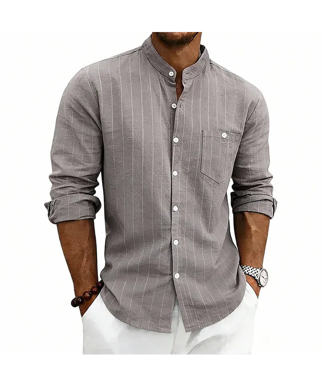 KissICON dark grey / S / China Mainland Striped Linen Stand Collar Loose Fashion Commuter Shirt