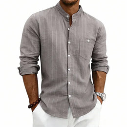 KissICON dark grey / S / China Mainland Striped Linen Stand Collar Loose Fashion Commuter Shirt