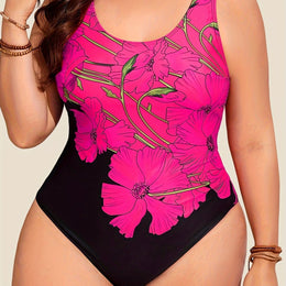KissICON Dark Pink / UK 18 Elegant Floral Curve Slimming Onepiece Swimsuit