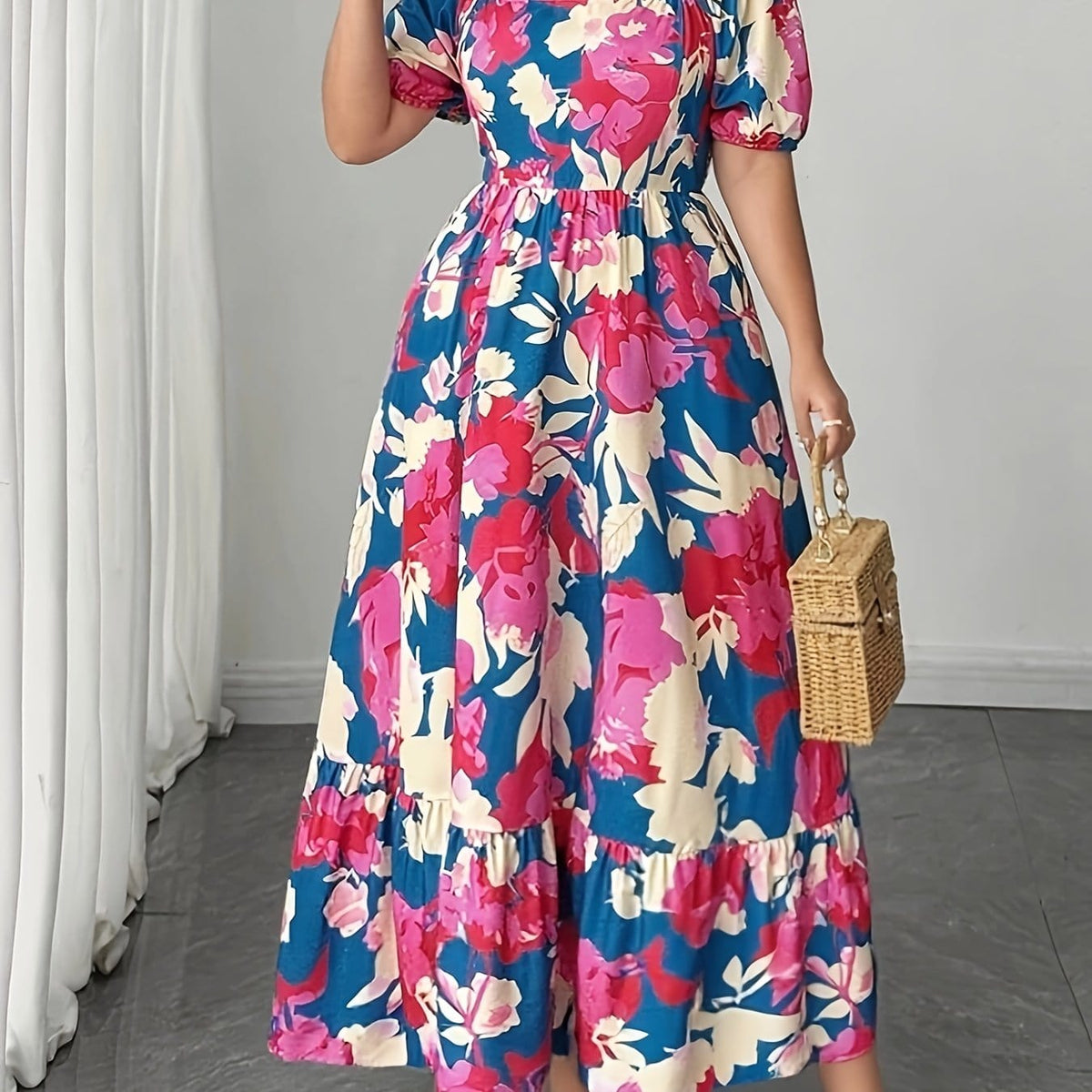 jkthpu-45 Dark Pink / UK 18 Plus Size - Plus Size Floral Print Maxi Dress - Loose Fit, Square Neck, Short Sleeve, Lightweight Polyester, Vibrant Pink & Blue Flowers, Perfect for Spring/Summer/Fall, Casual Vacation Style, Vacation Dress | Floral Print Dress | Polyester Fabric