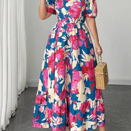 jkthpu-45 Dark Pink / UK 18 Plus Size - Plus Size Floral Print Maxi Dress - Loose Fit, Square Neck, Short Sleeve, Lightweight Polyester, Vibrant Pink & Blue Flowers, Perfect for Spring/Summer/Fall, Casual Vacation Style, Vacation Dress | Floral Print Dress | Polyester Fabric