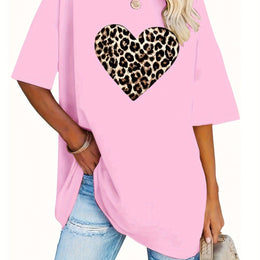 KissICON Dark Pink / UK 18 Women's Valentine's Day Leopard Heart Print T-Shirt - Short Sleeve Crew Neck Casual Top, Vibrant Pink, Relaxed Fit, Machine Washable, Plus Size Friendly, All-Season Comfort, Valentine's Day T-shirts, Trendy Casualwear, Durabl