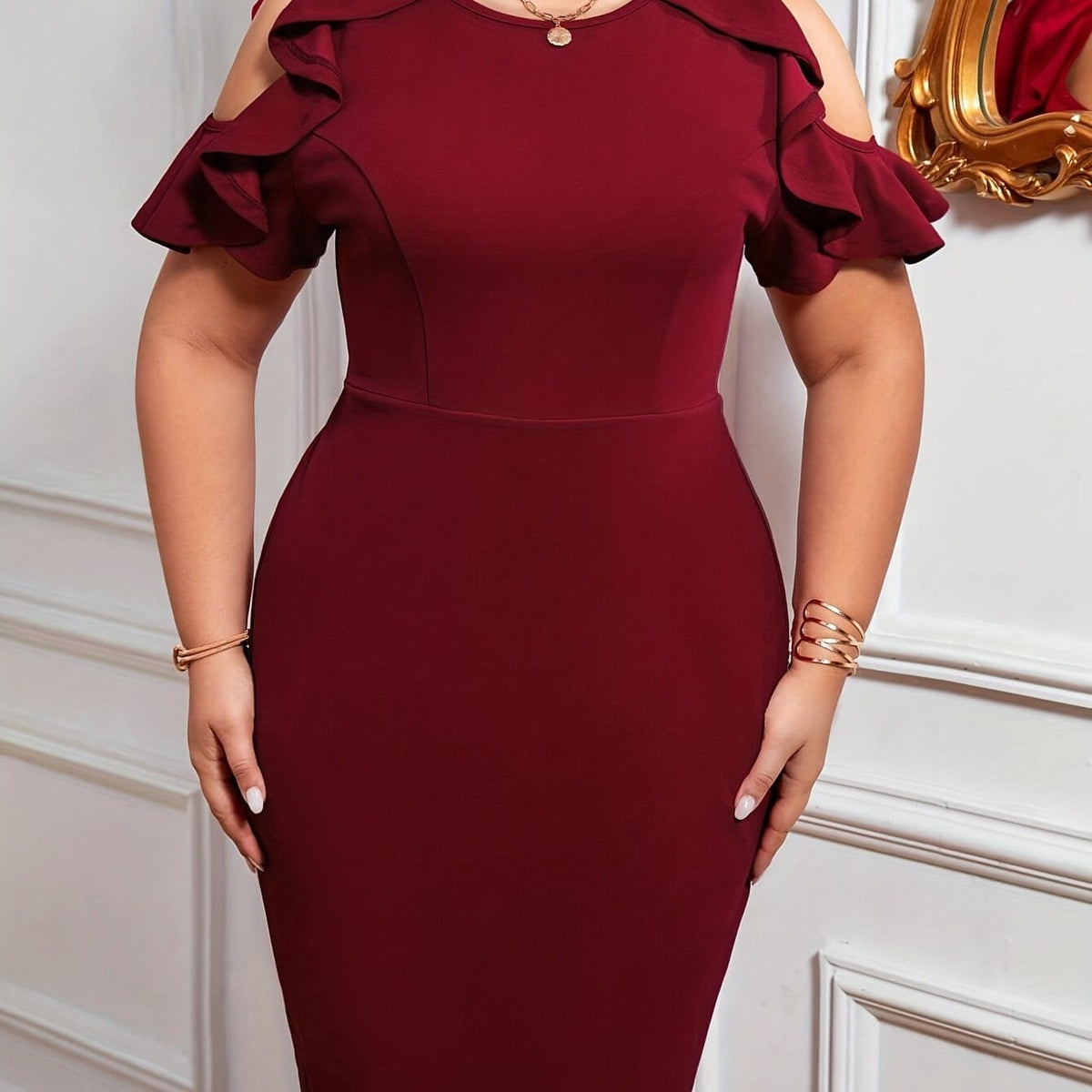 jkthpu-45 Dark Red-A / UK 18 Women'S Plus Size Elegant Off-Shoulder Dress - Sexy & Stylish Pink Bodycon Midi with Ruffle Sleeves, Perfect for Evening Events, Plus Size Dress
