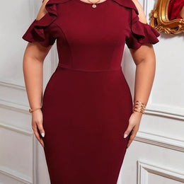 jkthpu-45 Dark Red-A / UK 18 Women'S Plus Size Elegant Off-Shoulder Dress - Sexy & Stylish Pink Bodycon Midi with Ruffle Sleeves, Perfect for Evening Events, Plus Size Dress