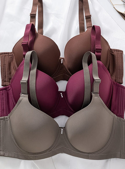 KissICON Dark Red+Green+Brow / EU 85C 3pcs Women's Curve Push-up Bras – Fit Underwire Nylon