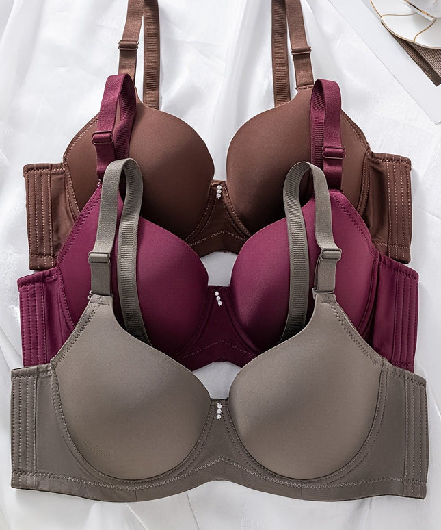 KissICON Dark Red+Green+Brow / EU 85C 3pcs Women's Curve Push-up Bras – Fit Underwire Nylon