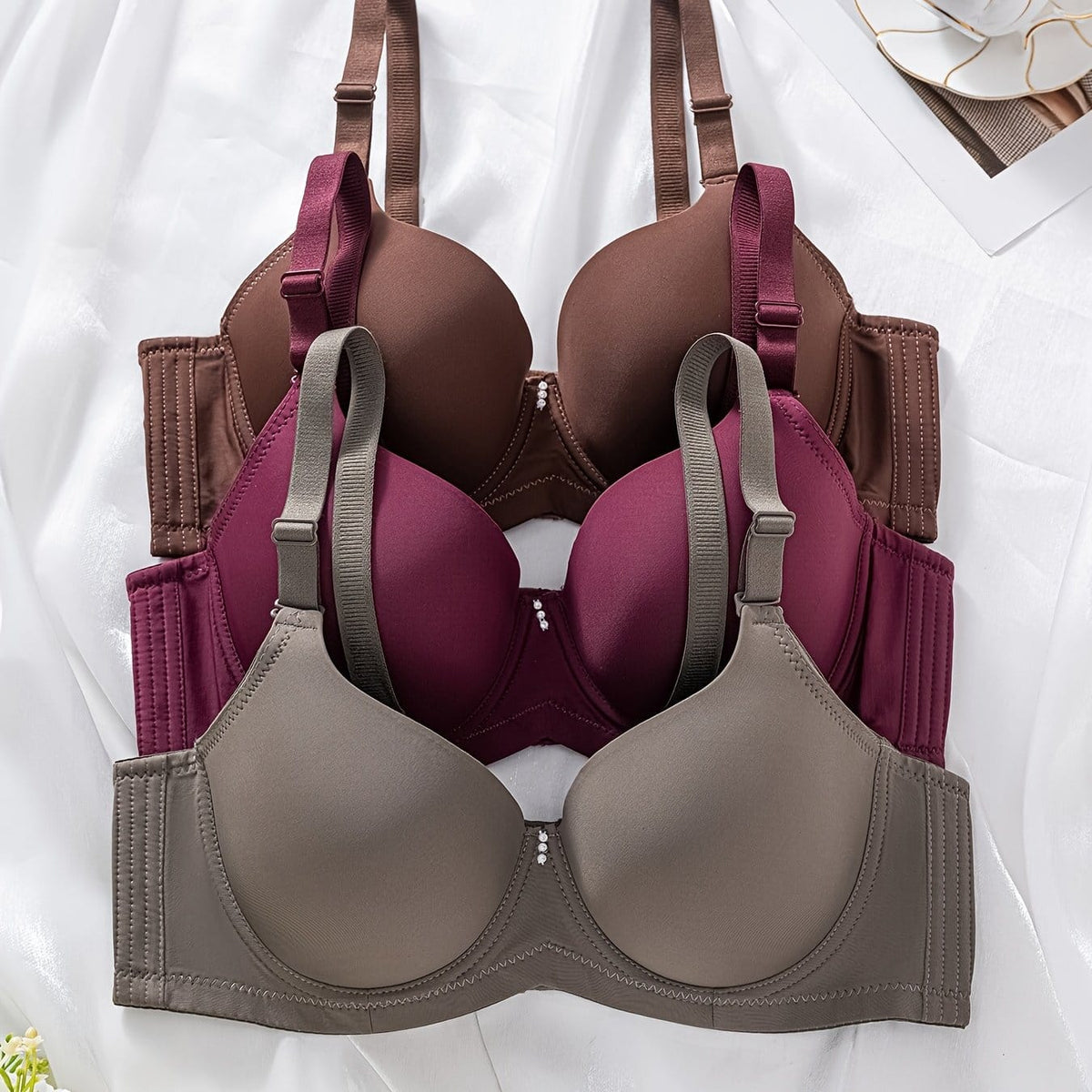 KissICON Dark Red+Green+Brow / EU 85C 3pcs Women's Curve Push-up Bras – Fit Underwire Nylon