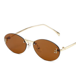 Dropshipman darktea Diamond Letter Rimless Oval Sunglasses