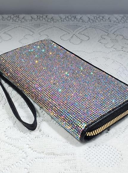 jkthpu-45 Dazzling AB Rhinestones on Black Encrusted Luxury Clutch Wallet Opulent Large  Divine