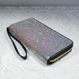 jkthpu-45 Dazzling AB Rhinestones on Black Encrusted Luxury Clutch Wallet Opulent Large  Divine