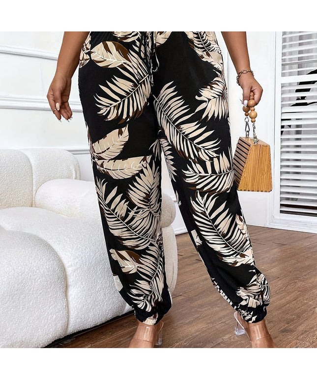 jkthpu-45 Dazzling Multicolor / UK 18 - Flattering Fit Plus Size Tropical Print FrontTie WideLeg Pants