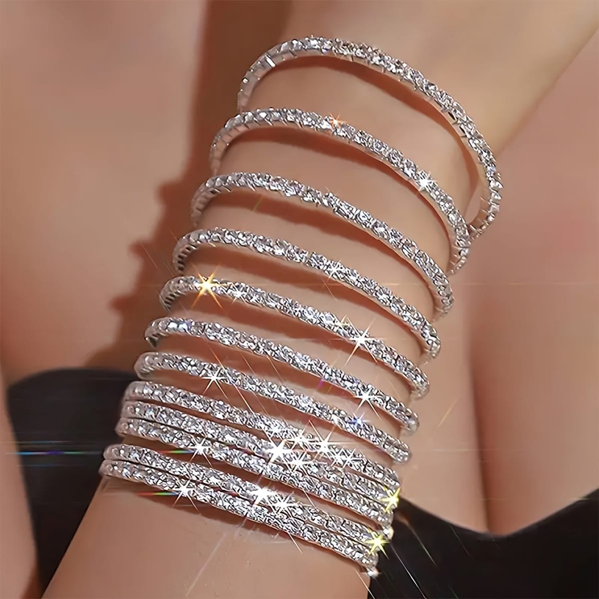 jkthpu-45 Dazzling Rhinestone Stretch Bangles Sparkle  Shine Set