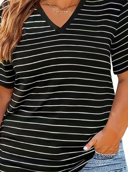 Stylish Plus Size Striped V Neck T-Shirt - Women's Short Sleeve Summer & Spring Top - Breathable, Soft, Versatile, and Comfy Clothing for Curvy Ladies