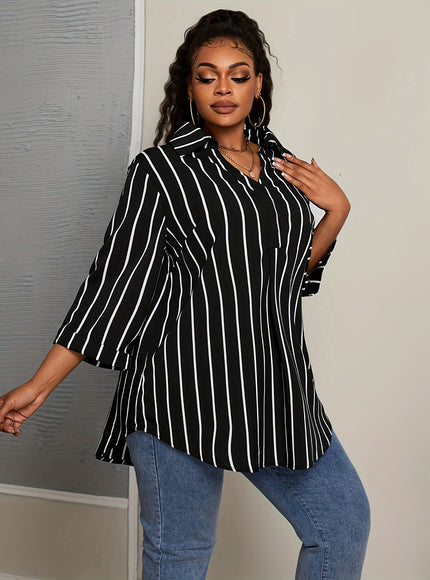 Elegant V-Neck Non-Stretch Woven Striped Shirt, Big Size, for Spring/Fall