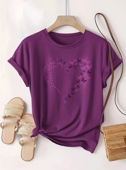 Plus Size Heart Print T-Shirt, Casual Crew Neck Short Sleeve T-Shirt, Women's Plus Size Clothing