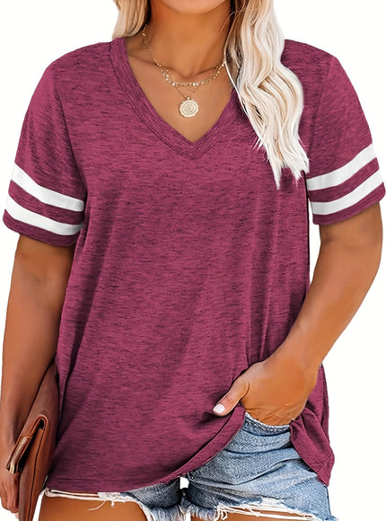 Plus Size Women's V-Neck Short Sleeve T-Shirt - Lightweight Stretchy Summer Tee with Random Print, Loose Casual Fit, Machine Washable, Sizes XL-5XL for Everyday & Office Wear, Versatile Clothing, Striped Print Shirt, Soft Fab