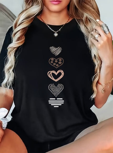 Plus Size, Women's Plus Size Casual T-Shirt - Stretchy Everyday Top with Heart Patterns (White/rose Golden/Print) - Machine Washable Round Neck Shirt for Women - Non-See-Through Fabric for Spring, Summer, Fall Outfits, Ladies