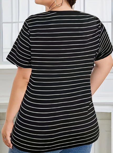 Stylish Plus Size Striped V Neck T-Shirt - Women's Short Sleeve Summer & Spring Top - Breathable, Soft, Versatile, and Comfy Clothing for Curvy Ladies