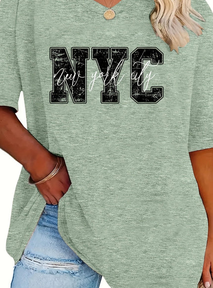 Plus Size - Women'S Plus Size NYC Graphic Tee - Casual V-Neck, Short Sleeve, Stretchy Rayon Blend, Black with White Lettering, Perfect for Spring, Summer & Fall, Everyday Tshirt|Vneck Top|Comfortable Fit