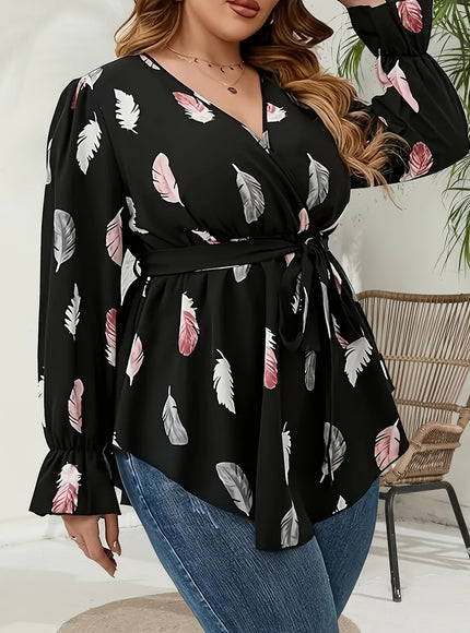 Plus Size Women's Elegant Criss Cross Neck Top - Floral Random Printing, Smooth Polyester Slight Stretch Woven Fabric (110g/m²) - All Season | Tie Front Design | Hand Wash or Dry Clean