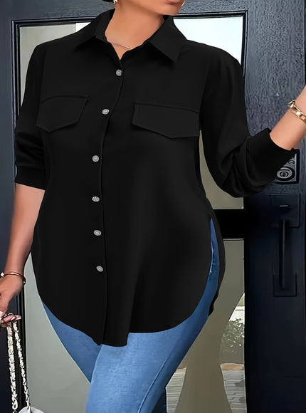 Plus Size Chic Blouse with Flowy Curved Hem - Fashionable Button Front & Classic Collar - Perfect Casual Wear for Spring - Womens Plus Size Clothing
