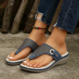 KissICON Sandals DEEP BLUE / 41 Sparkling Wedge Beach Sandals with Rhinestone Split Toe