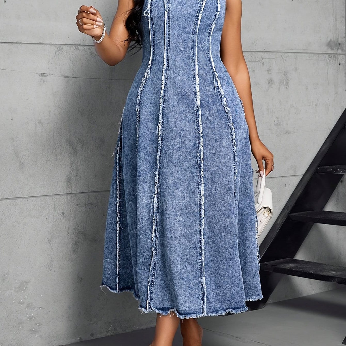 jkthpu-45 Deep Blue / UK 16 Women'S Adjustable Strap Maxi Dress - Sleeveless A-Line Denim Sun Dress with Chain Detail, Casual Blue Jean Dress for All Seasons, Perfect for Outdoor Gatherings, Versatile Fashion | Aline Silhouette | Nonstretch Fabric
