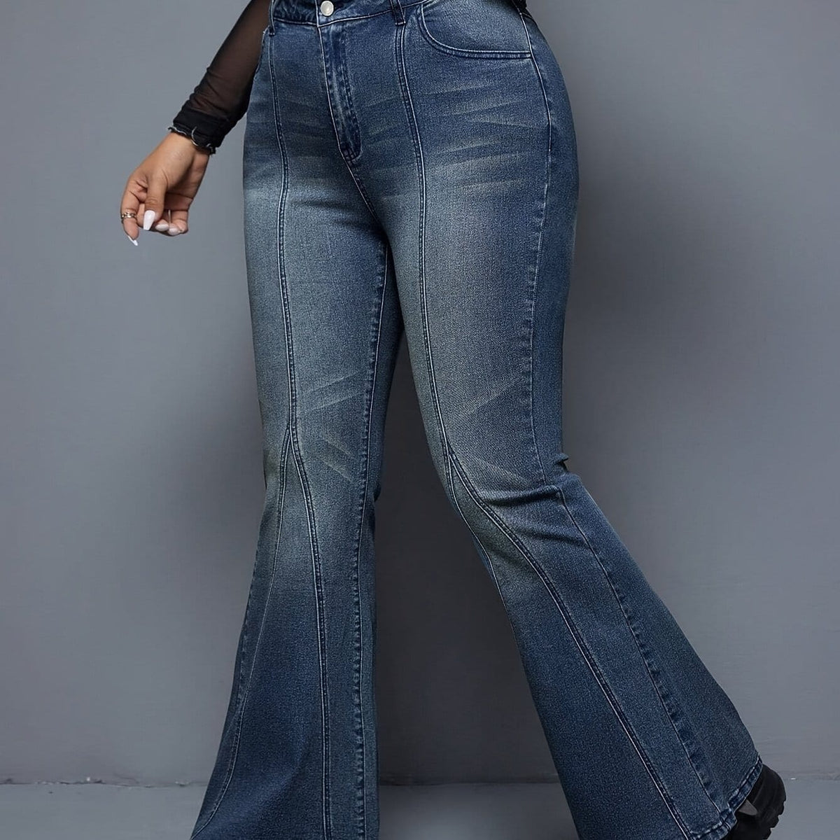 jkthpu-45 Deep Blue / UK 16 Women'S High-Waisted Stretch Denim Flare Jeans - Elegant