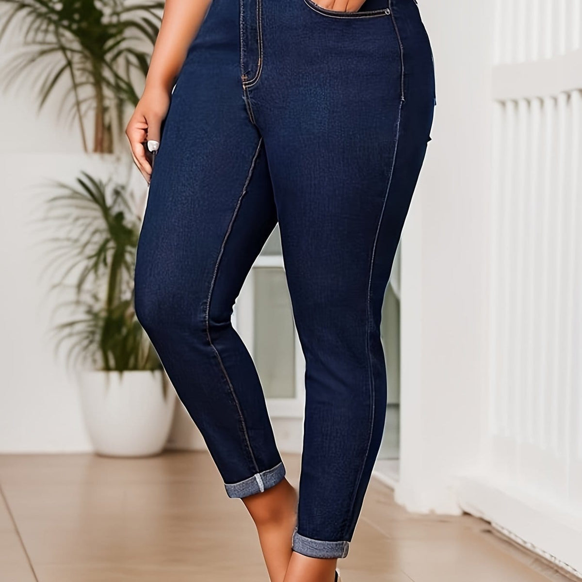 jkthpu-45 Deep Blue / UK 16 Women's Plus Size Skinny Jeans - Non-See-Through Stretchy