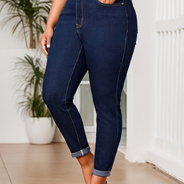 jkthpu-45 Deep Blue / UK 16 Women's Plus Size Skinny Jeans - Non-See-Through Stretchy